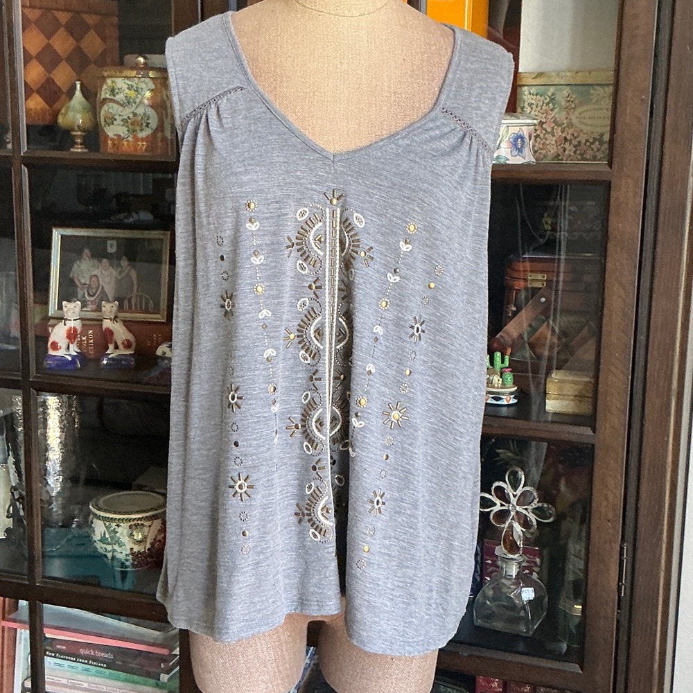 Rose Knox, Boho Beaded, Embroidered Gray Embellished Tank Top, size XXL